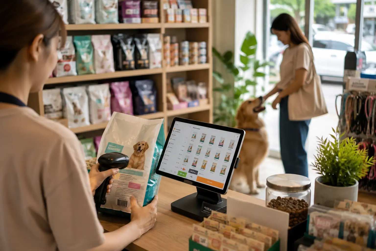 ระบบ POS iPad สำหรับร้านขายอาหารสัตว์ — หน้าจอสแกนบาร์โค้ด จัดการสต็อก และระบบสมาชิกสะสมแต้ม