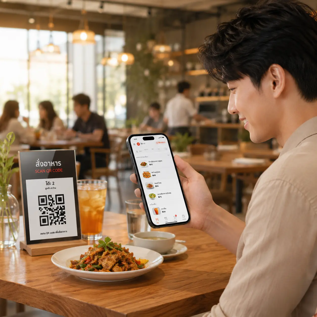 ลูกค้าสแกน QR Code สั่งอาหารด้วยตนเองผ่านสมาร์ทโฟน
