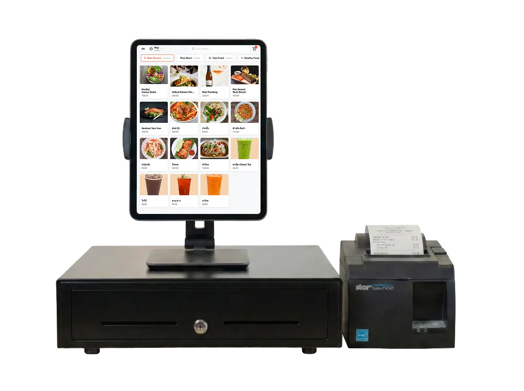 ชุดฮาร์ดแวร์ระบบ POS MeeD POS iPad พร้อมลิ้นชักเก็บเงินและเครื่องพิมพ์ใบเสร็จ Star สำหรับร้านอาหาร ร้านกาแฟ ร้านค้าปลีก