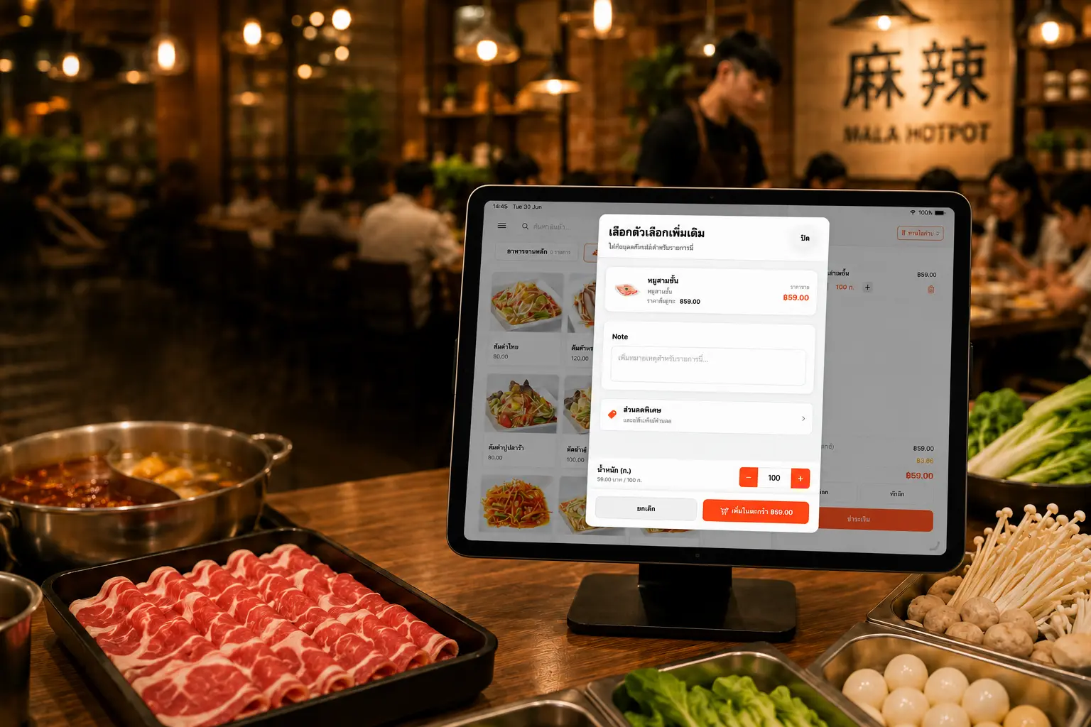 ระบบ POS iPad สำหรับร้านหม่าล่าทั่ง — หน้าจอกรอกน้ำหนักและคำนวณราคาต่อขีด/กรัมอัตโนมัติ