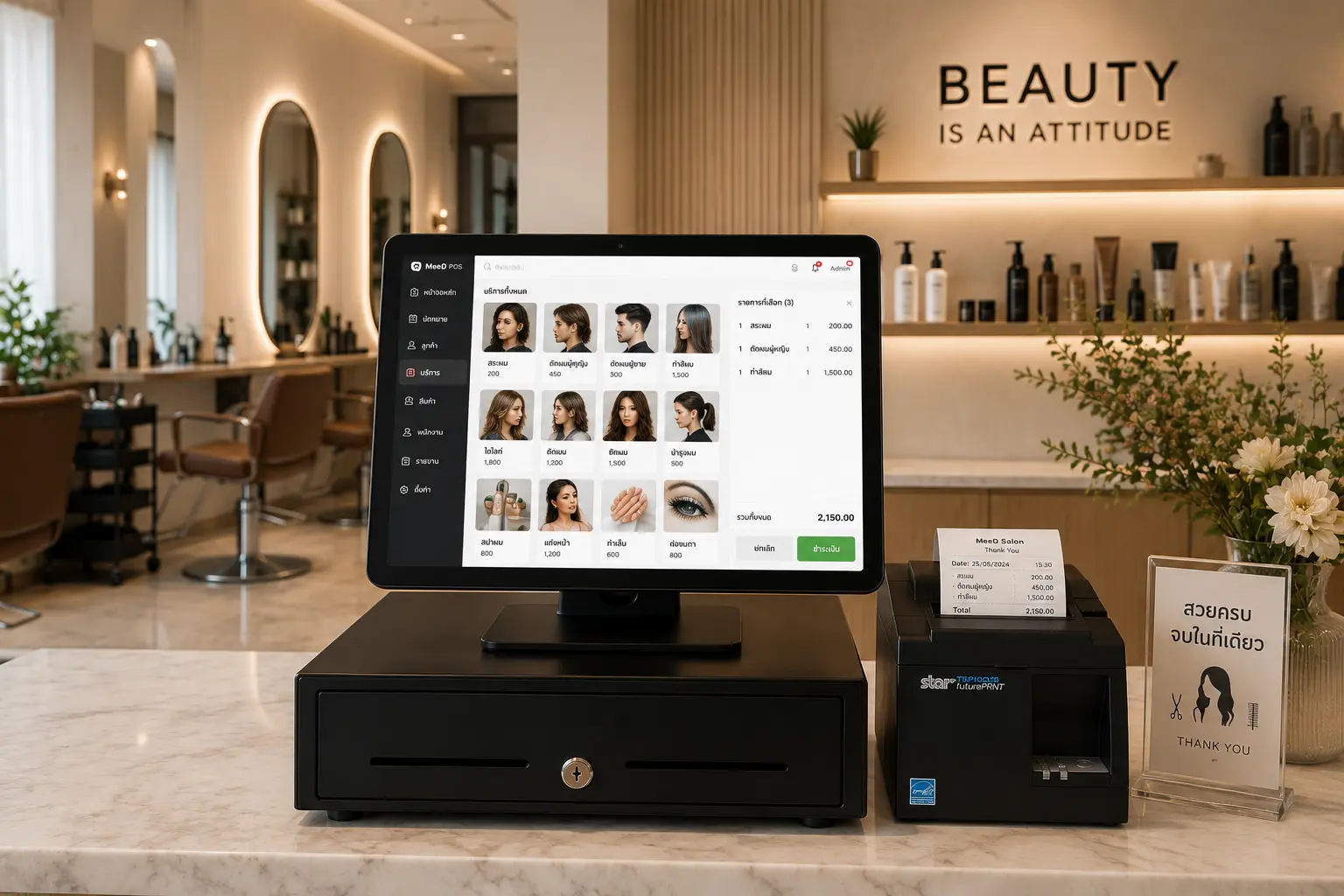 ระบบ POS iPad สำหรับร้านเสริมสวย — หน้าจอจัดคิวบริการ เลือกช่าง และคำนวณค่าคอมมิชชั่น