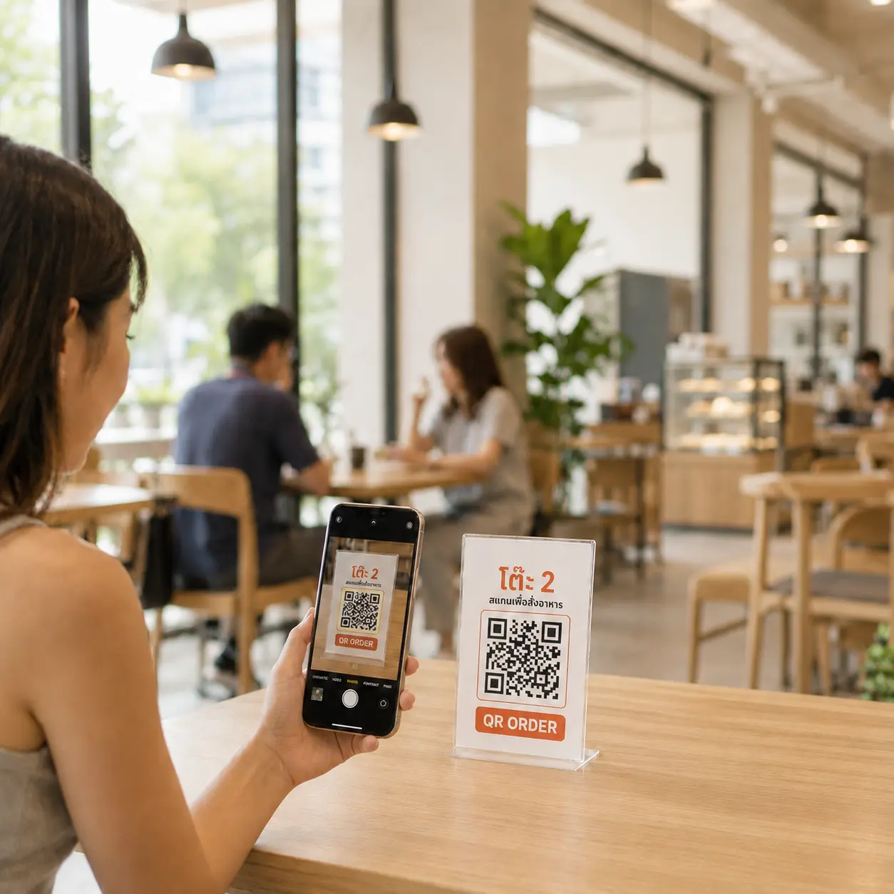 พนักงานพิมพ์ QR Code ให้ลูกค้าสแกน QR สั่งอาหารจากแอป MeeD POS