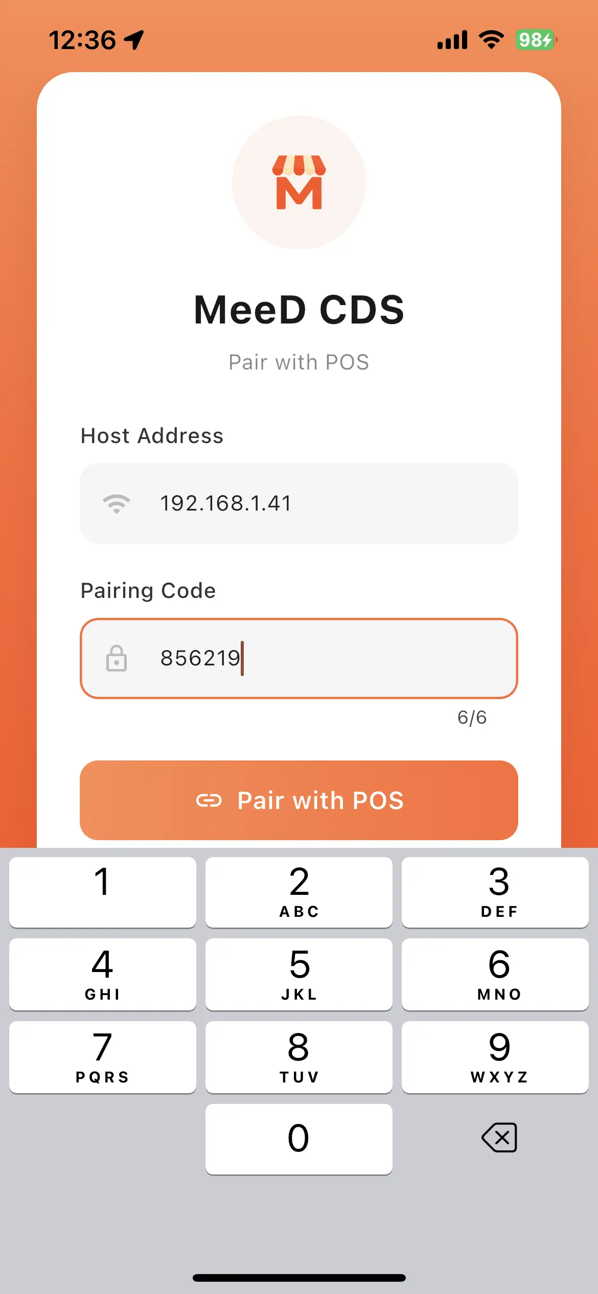 แอป MeeD CDS หน้าจับคู่กับ POS แสดงช่อง Host Address และ Pairing Code