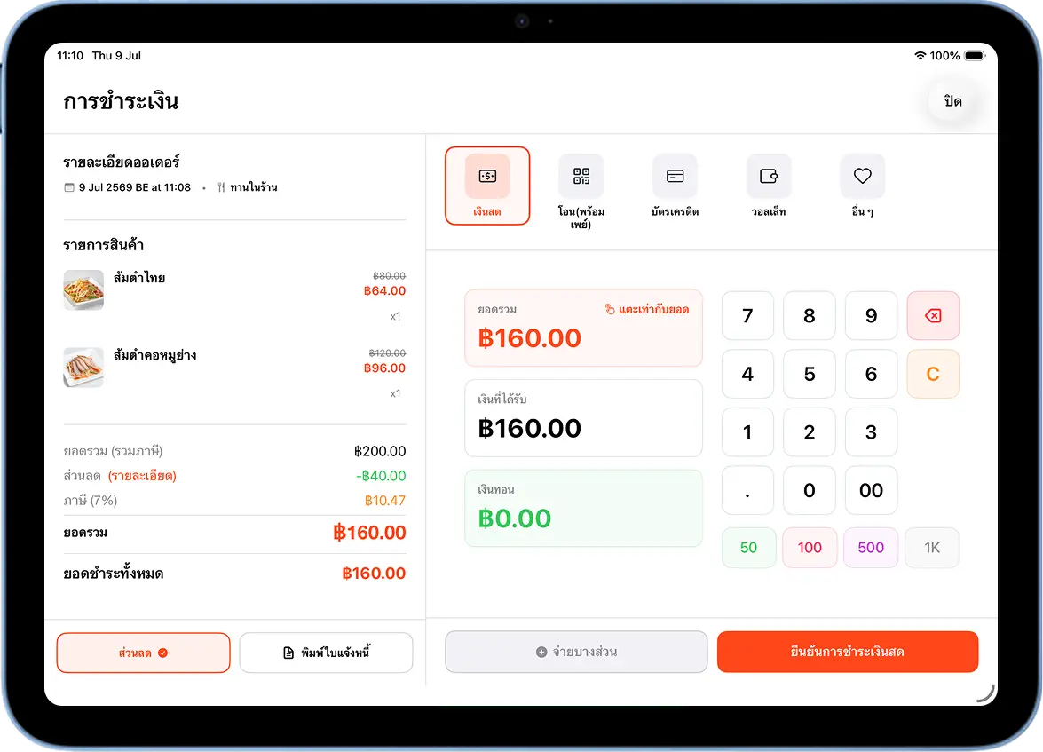 หน้าการชำระเงินใน MeeD POS แสดงยอด 160 บาทหลังหักส่วนลดด่วน เลือกชำระด้วยเงินสด พร้อมปุ่มส่วนลดยืนยันอยู่